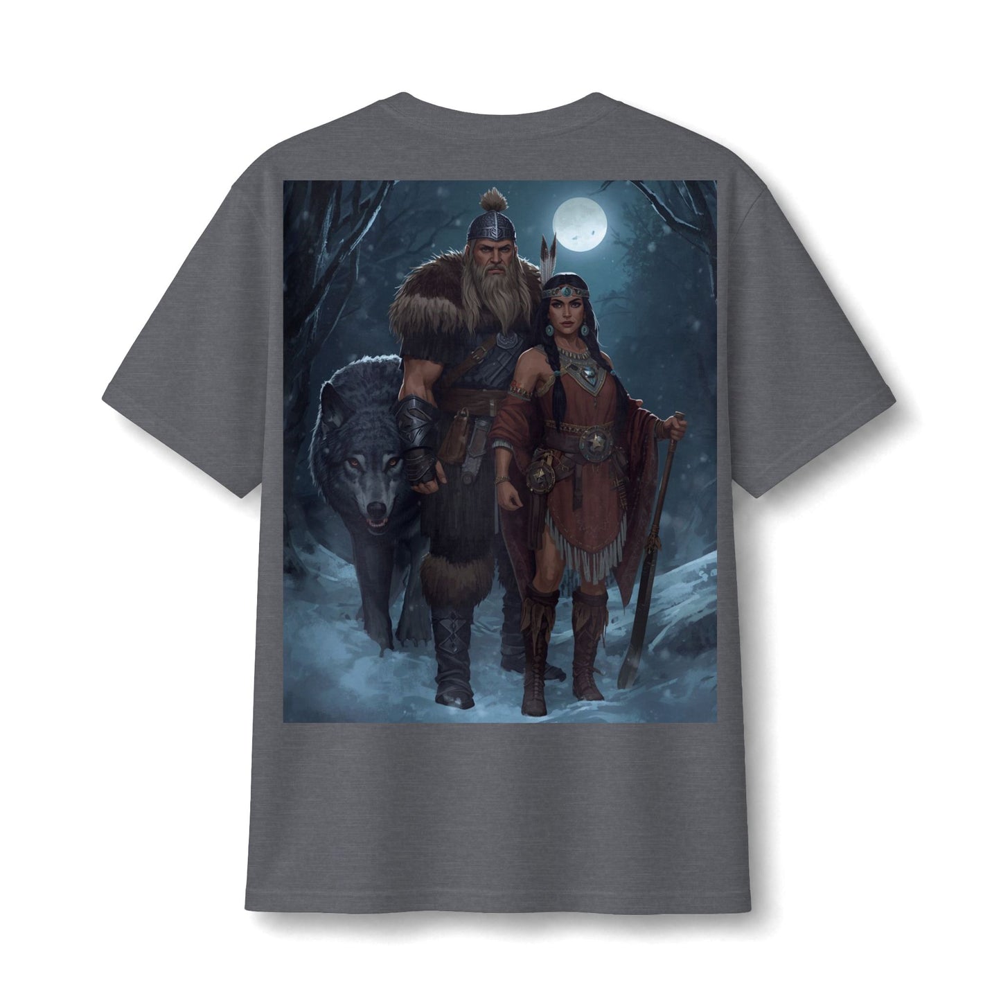 Viking Warrior Couple Tee — Norse Wolf Moon Fantasy T‑Shirt