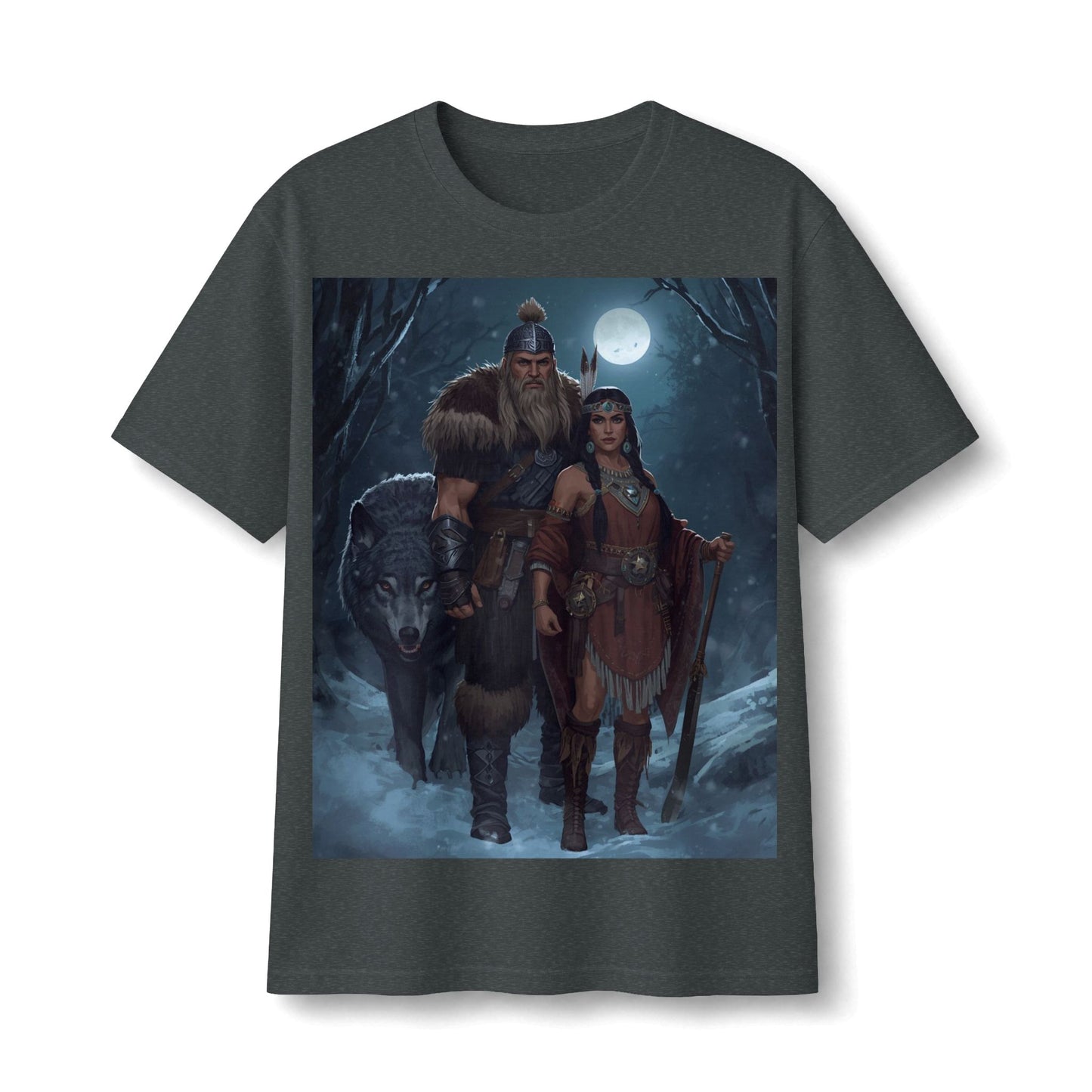 Viking Warrior Couple Tee — Norse Wolf Moon Fantasy T‑Shirt