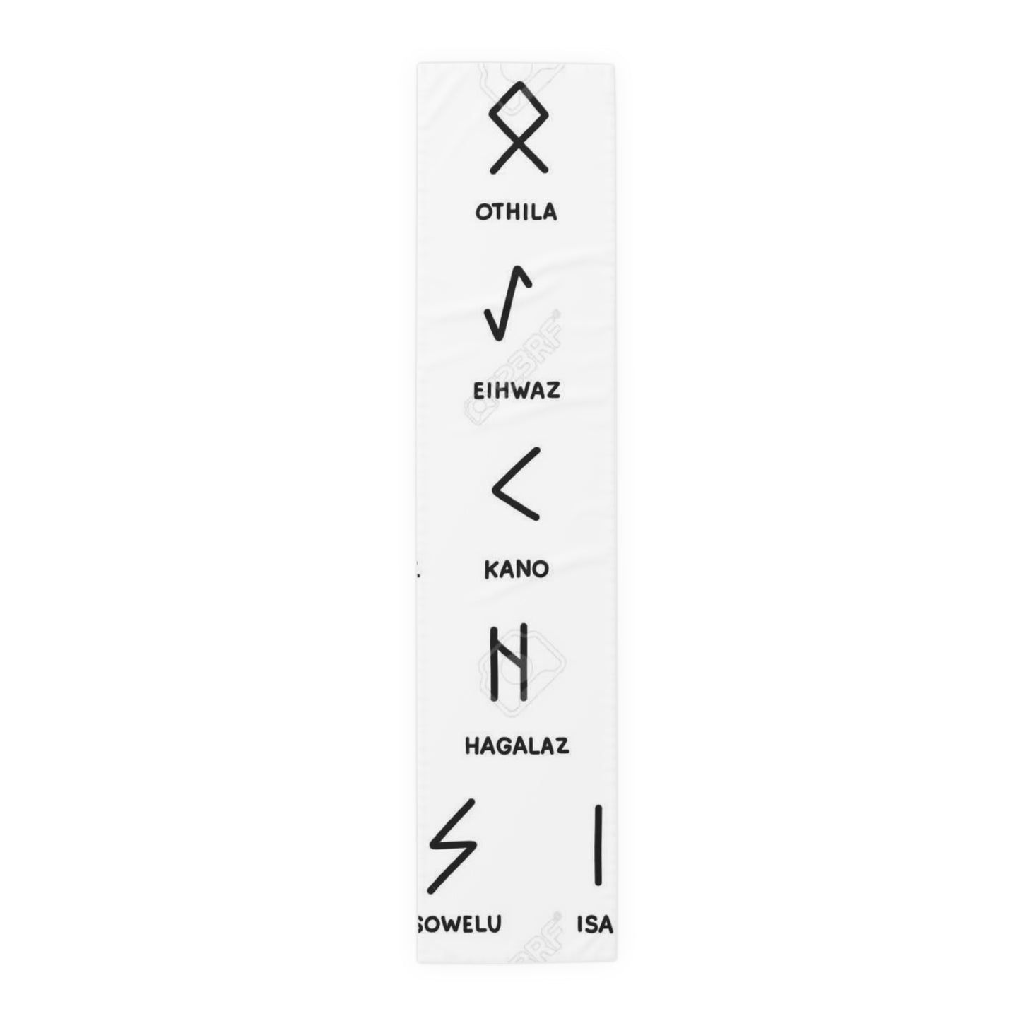 Runic Symbol Table Runner — Minimalist White Cotton-Poly Decor with Named Runes (Othila, Eihwaz, Hagalaz, Sowelu, Isa)
