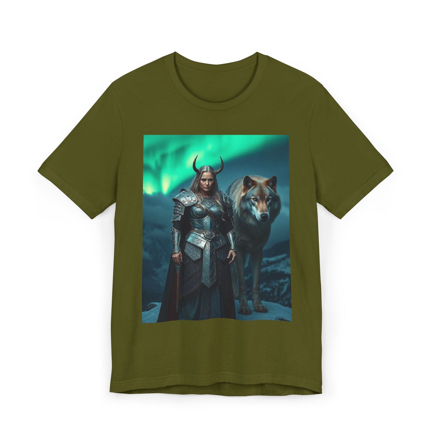 Viking Shieldmaiden & Wolf T-Shirt — Norse Fantasy Armor Tee