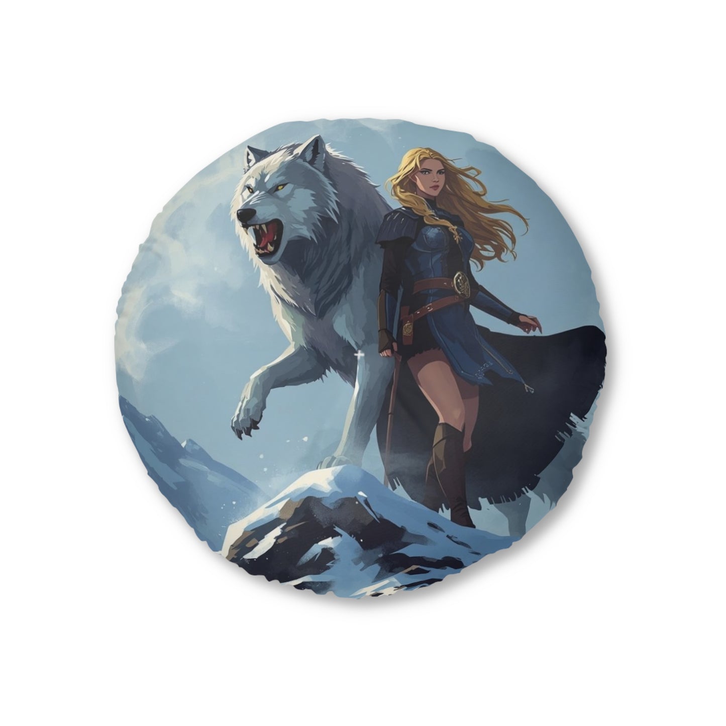Viking Wolf Guardian Round Floor Pillow — Fantasy Norse Heroine & Wolf Artwork