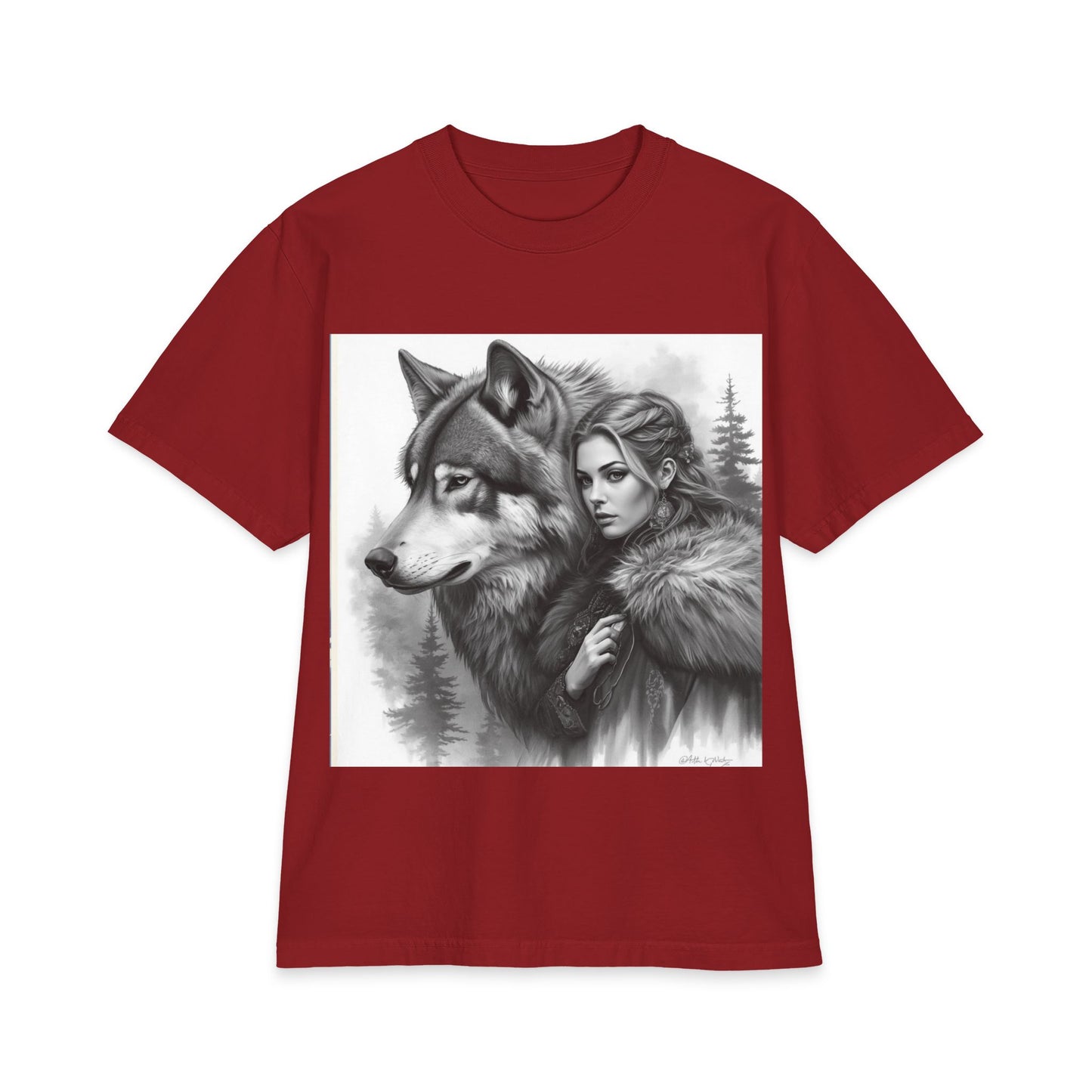 Wolf Guardian T‑Shirt — Woman & Wolf Forest Portrait Graphic Tee