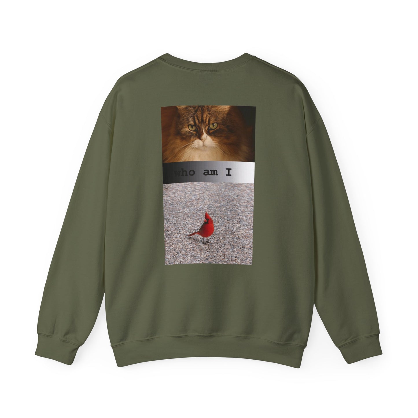 Cat and Cardinal Photo Sweatshirt | "who am I" design