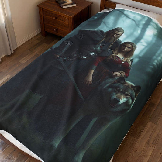 Viking Couple & Wolf Velveteen Plush Blanket — Fantasy Medieval Forest Throw for Fans