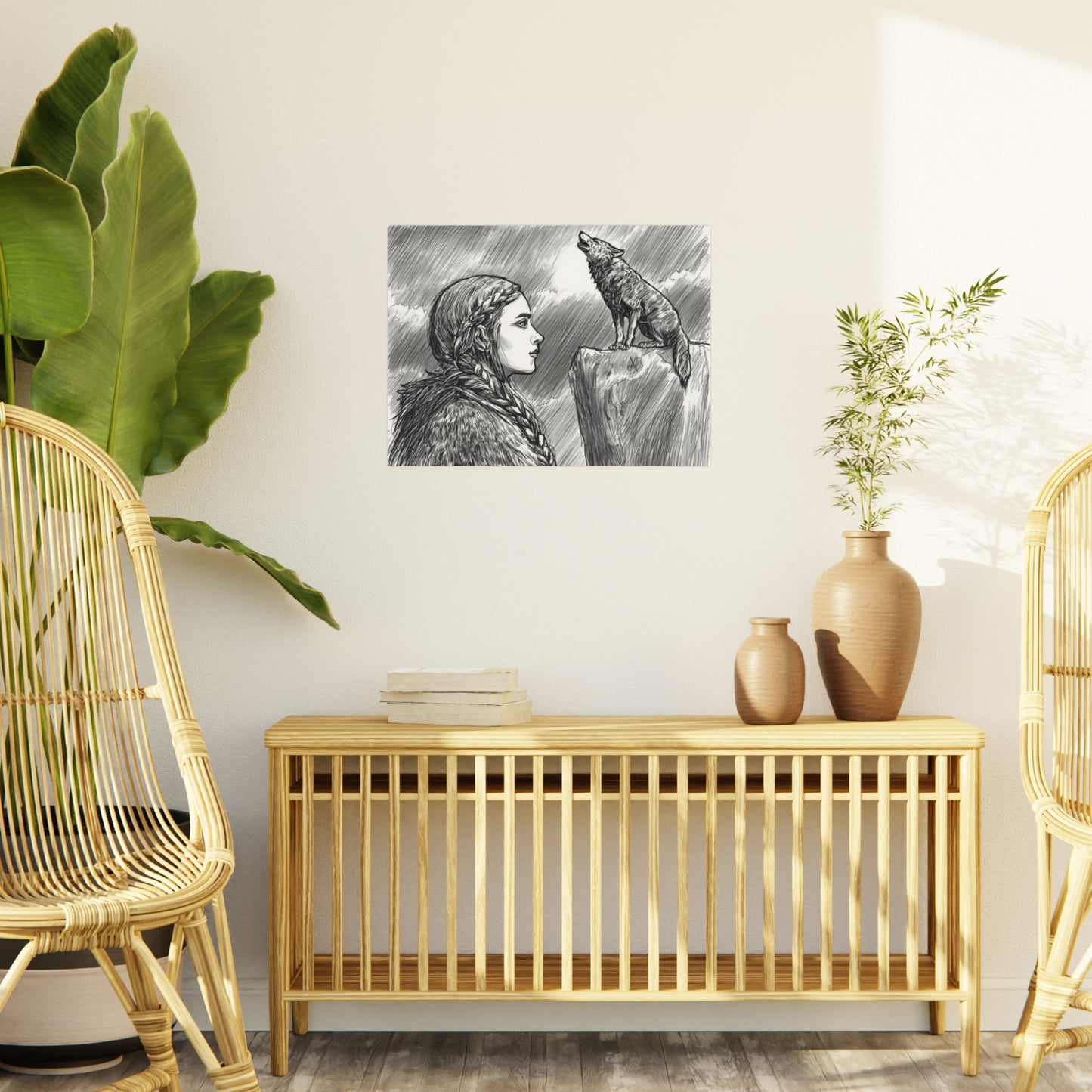 Foam Board - Viking Woman with Howling Wolf Illustration (Monochrome Nordic Wall Art)
