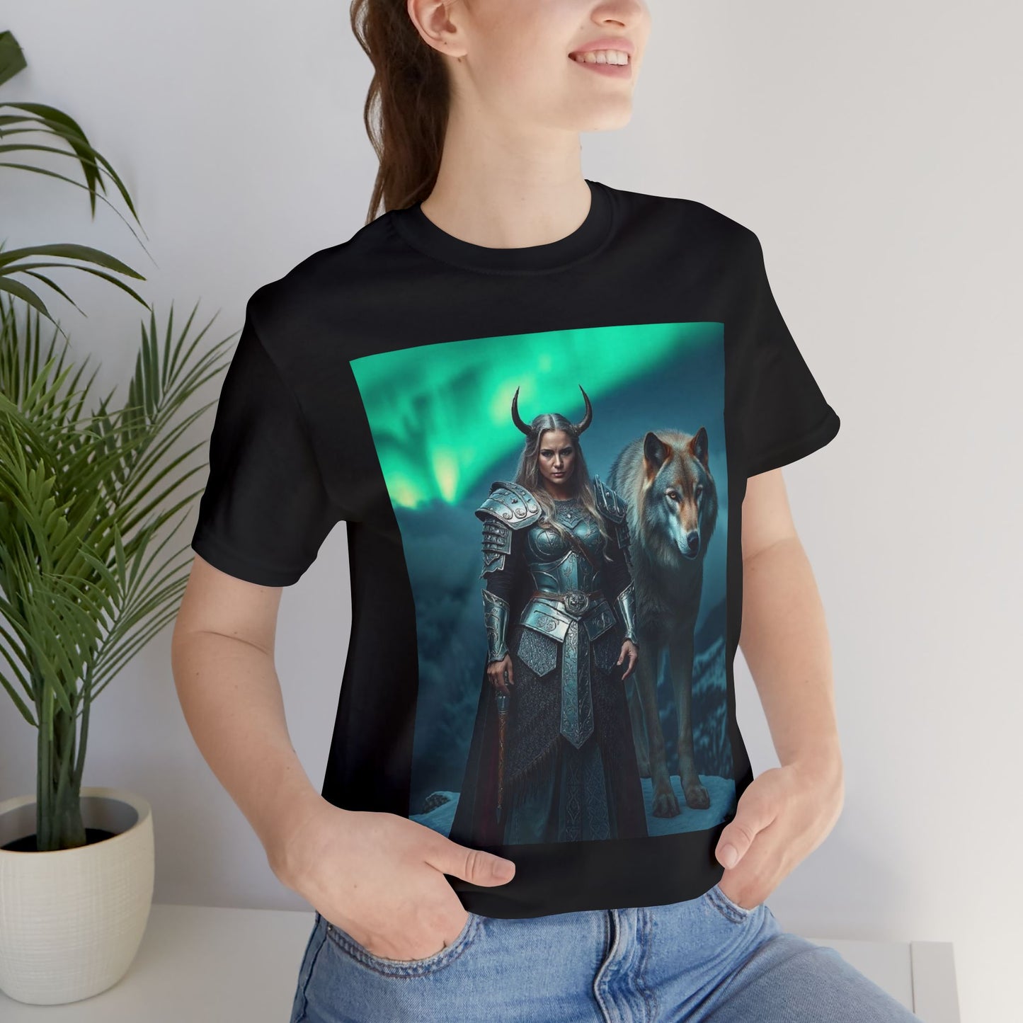 Viking Shieldmaiden & Wolf T-Shirt — Norse Fantasy Armor Tee