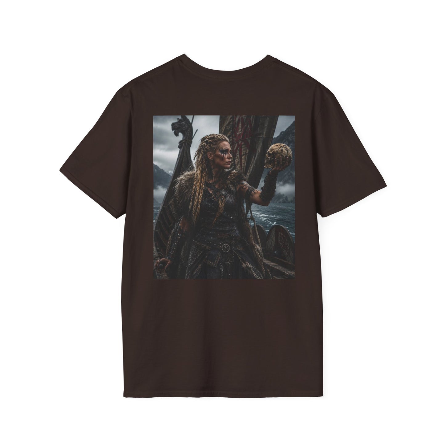 Viking Shieldmaiden Graphic T‑Shirt — Woman Holding Skull Norse Warrior Art