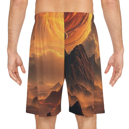 Planetary Sunset Basketball Shorts — Sci‑Fi Landscape All‑Over Print