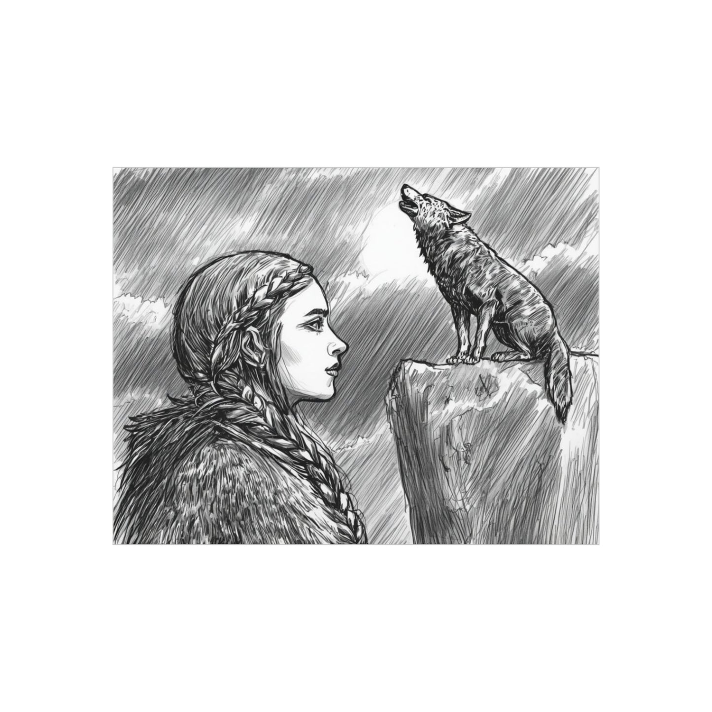 Foam Board - Viking Woman with Howling Wolf Illustration (Monochrome Nordic Wall Art)