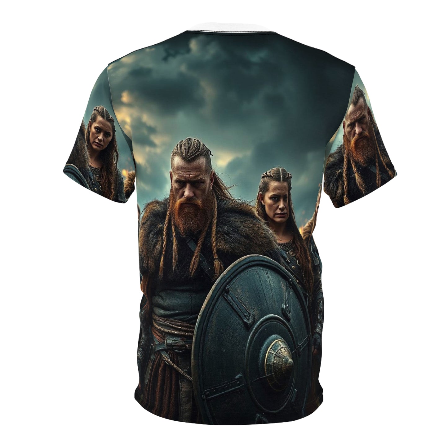 Viking Warriors All-Over Print Tee — Norse Shield & Storm Scene