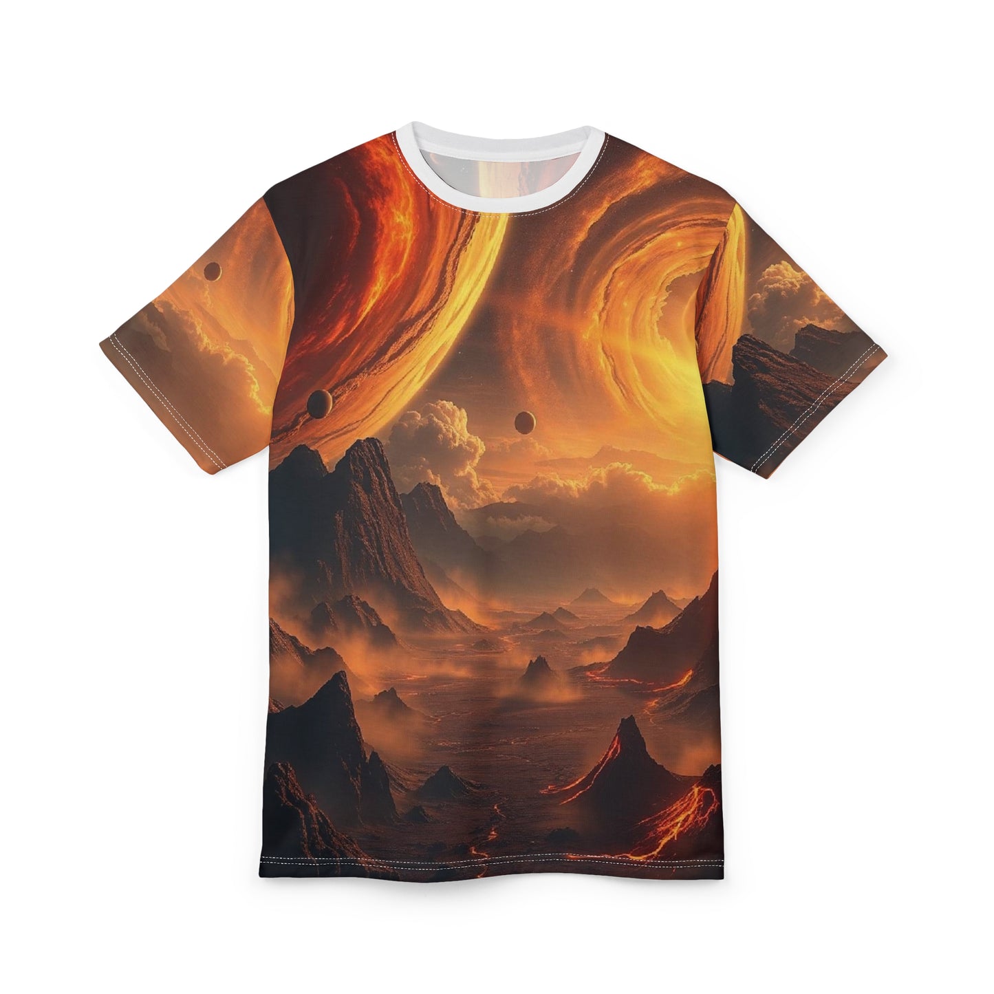 Solar Horizon All-Over Print Tee — Fiery Alien Landscape Graphic Shirt