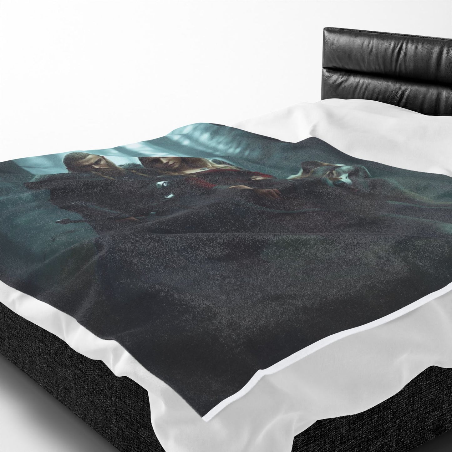Viking Couple & Wolf Velveteen Plush Blanket — Fantasy Medieval Forest Throw for Fans