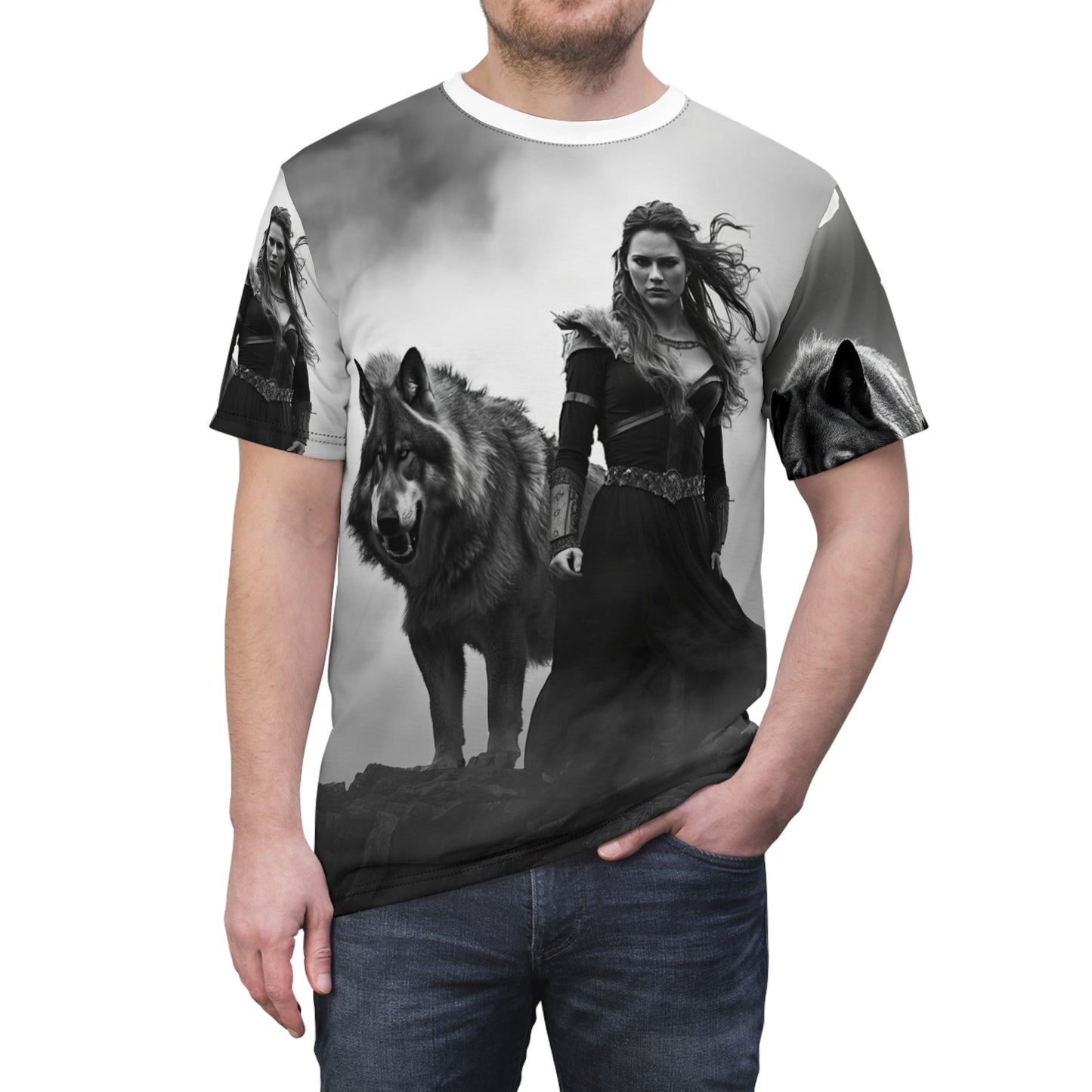 Viking Wolf Guardian Tee — Black & White Norse Warrior All-Over Print