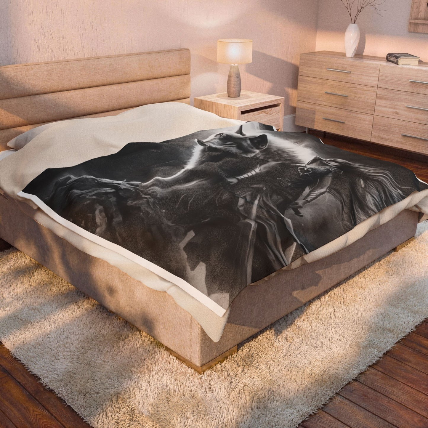 Valkyrie & Wolf Velveteen Plush Blanket — Mythic Fantasy Throw for Fans of Norse and Medieval Art