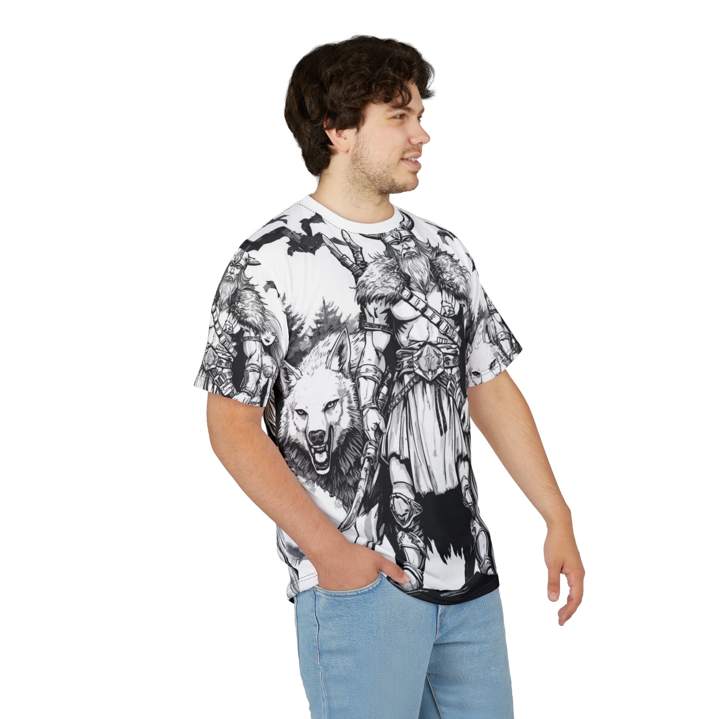 Viking Warrior All-Over Print Tee — Norse Wolf Valkyrie Graphic Shirt