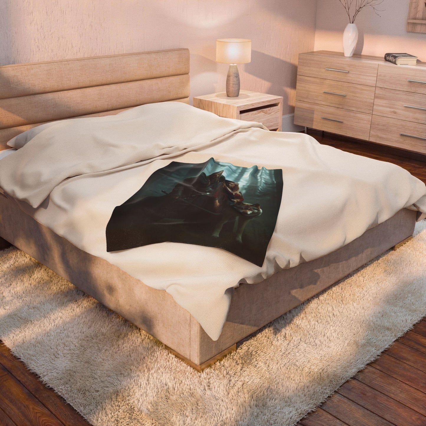 Viking Couple & Wolf Velveteen Plush Blanket — Fantasy Medieval Forest Throw for Fans
