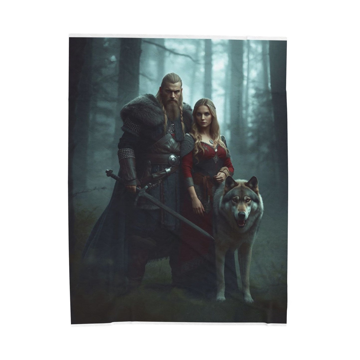 Viking Couple & Wolf Velveteen Plush Blanket — Fantasy Medieval Forest Throw for Fans