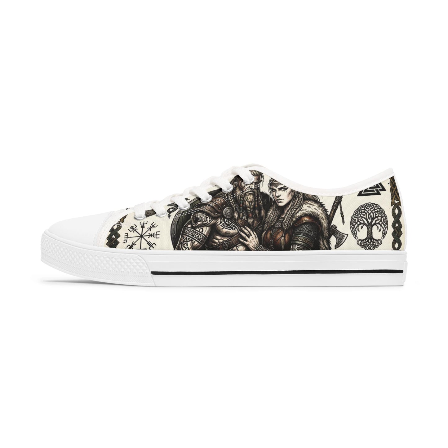 Viking Warrior Pattern Low Top Sneakers — Norse Rune & Tree of Life Design