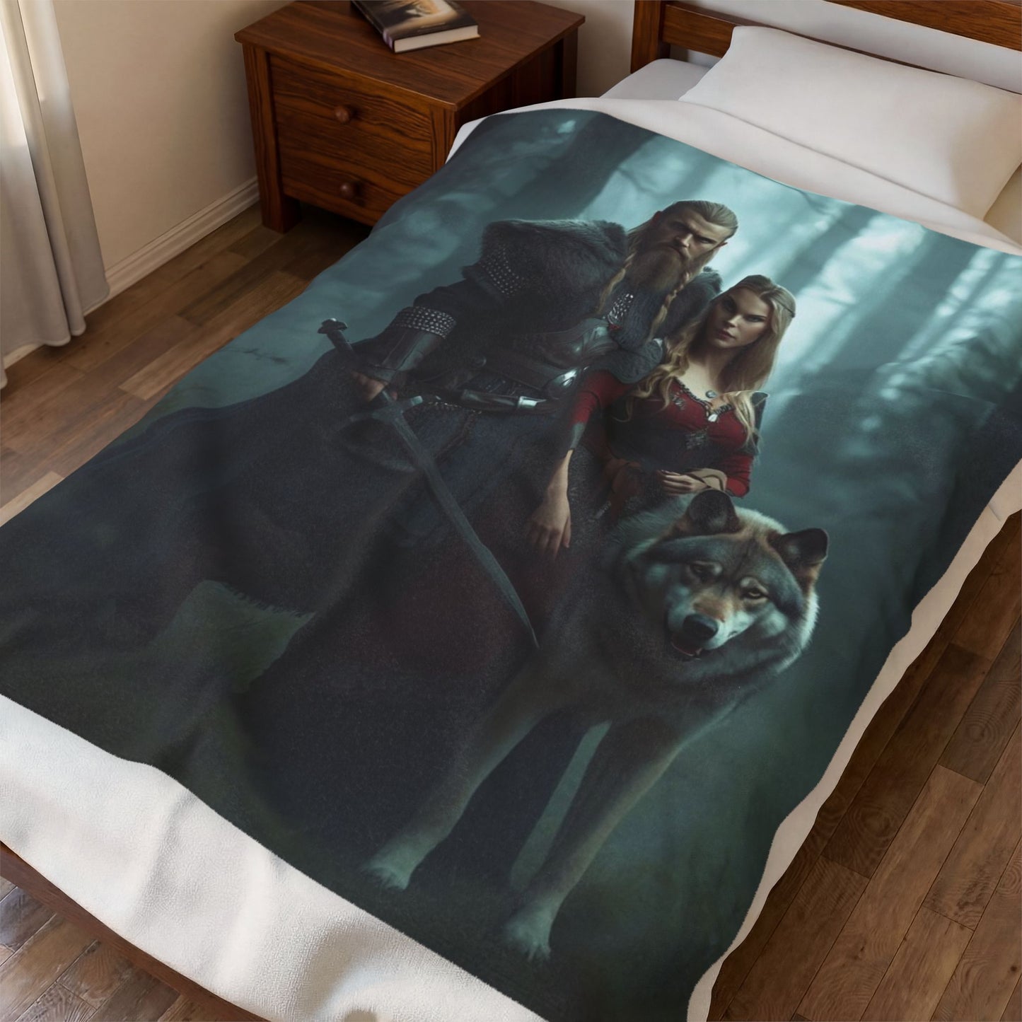 Viking Couple & Wolf Velveteen Plush Blanket — Fantasy Medieval Forest Throw for Fans