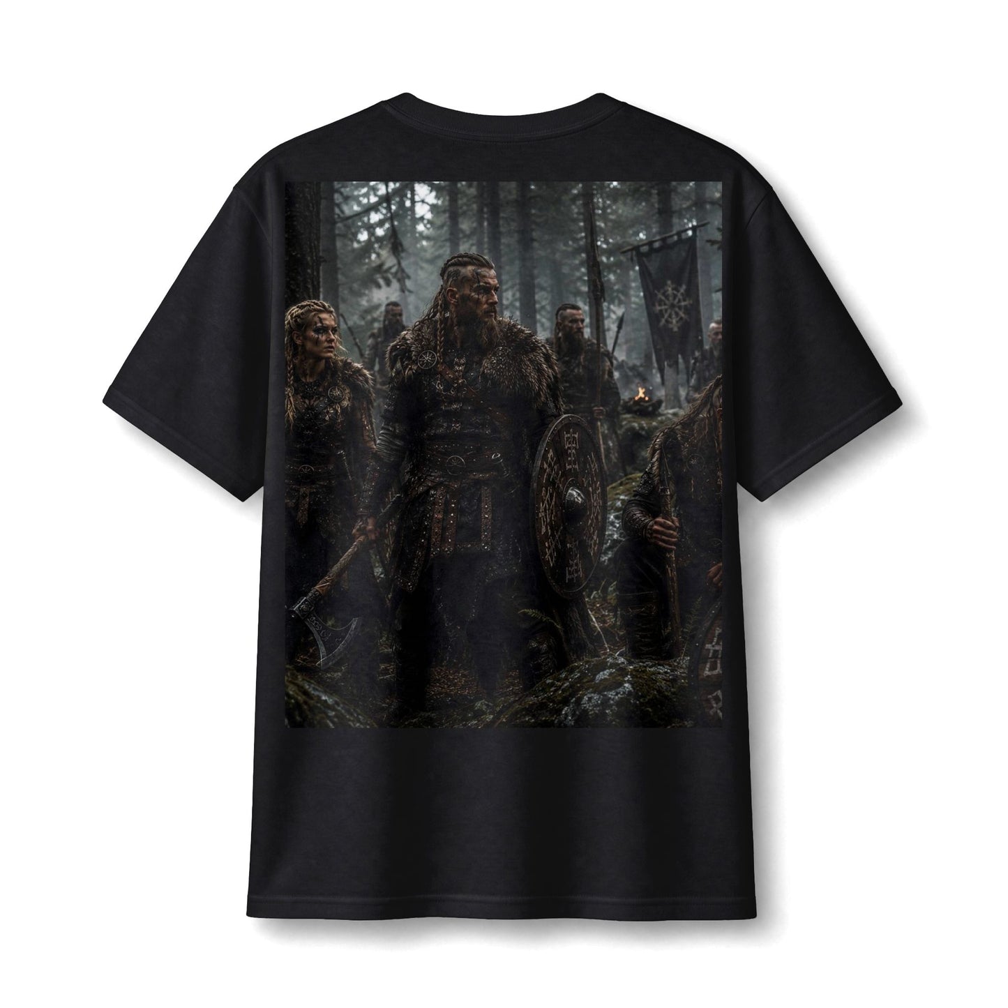 Viking Warriors Forest Print T-Shirt — Nordic Battle Scene Tee