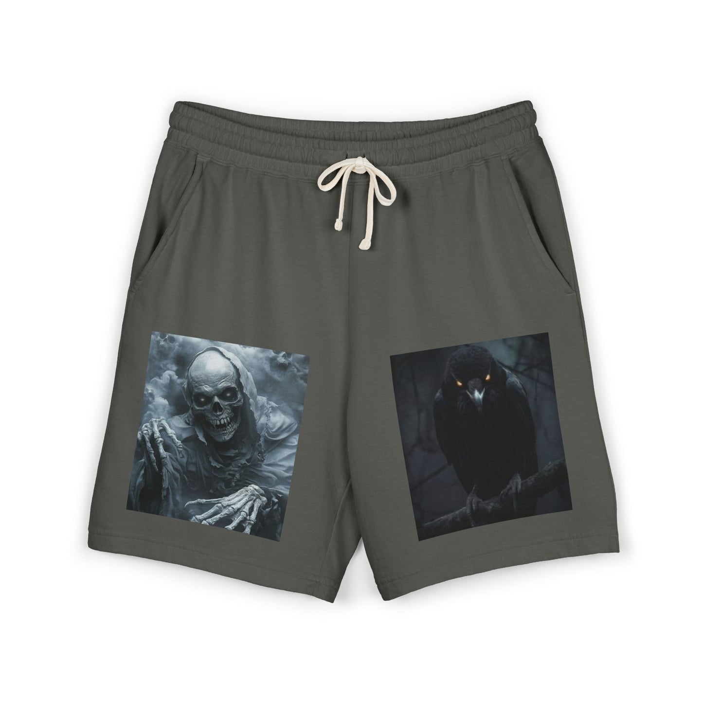 Skull & Raven Fleece Sweat Shorts — Gothic Horror Graphic Lounge Shorts