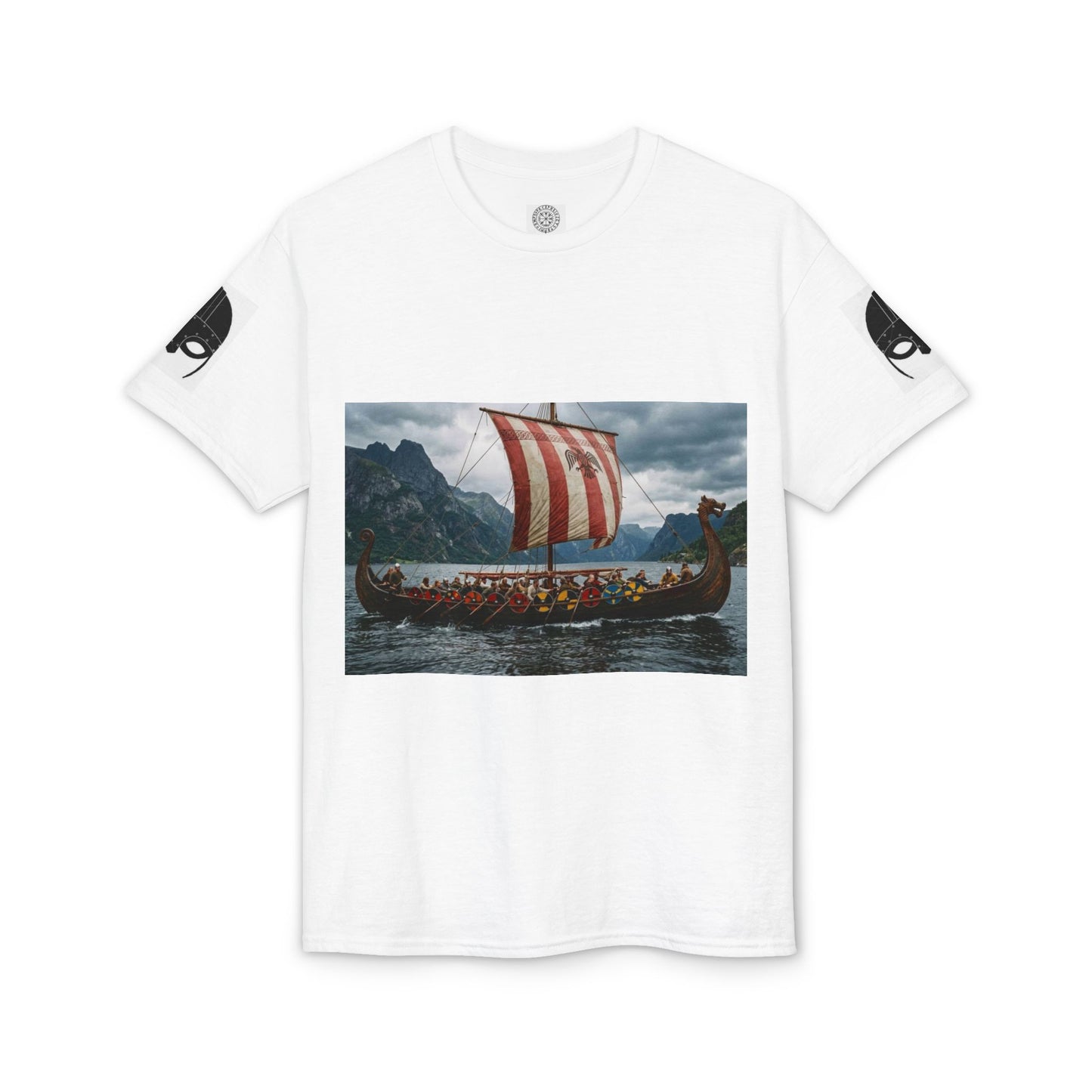 Viking Longship Graphic T-Shirt — Red Striped Sail Nautical Norse Design