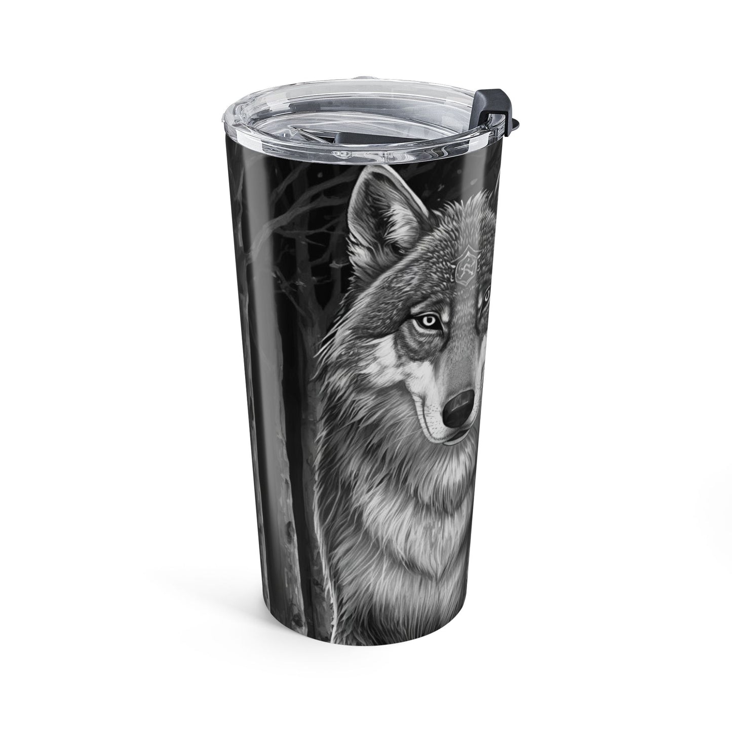 20oz Wolf & Woman Tumbler — Gothic Forest Travel Mug with Tattooed Warrior Design