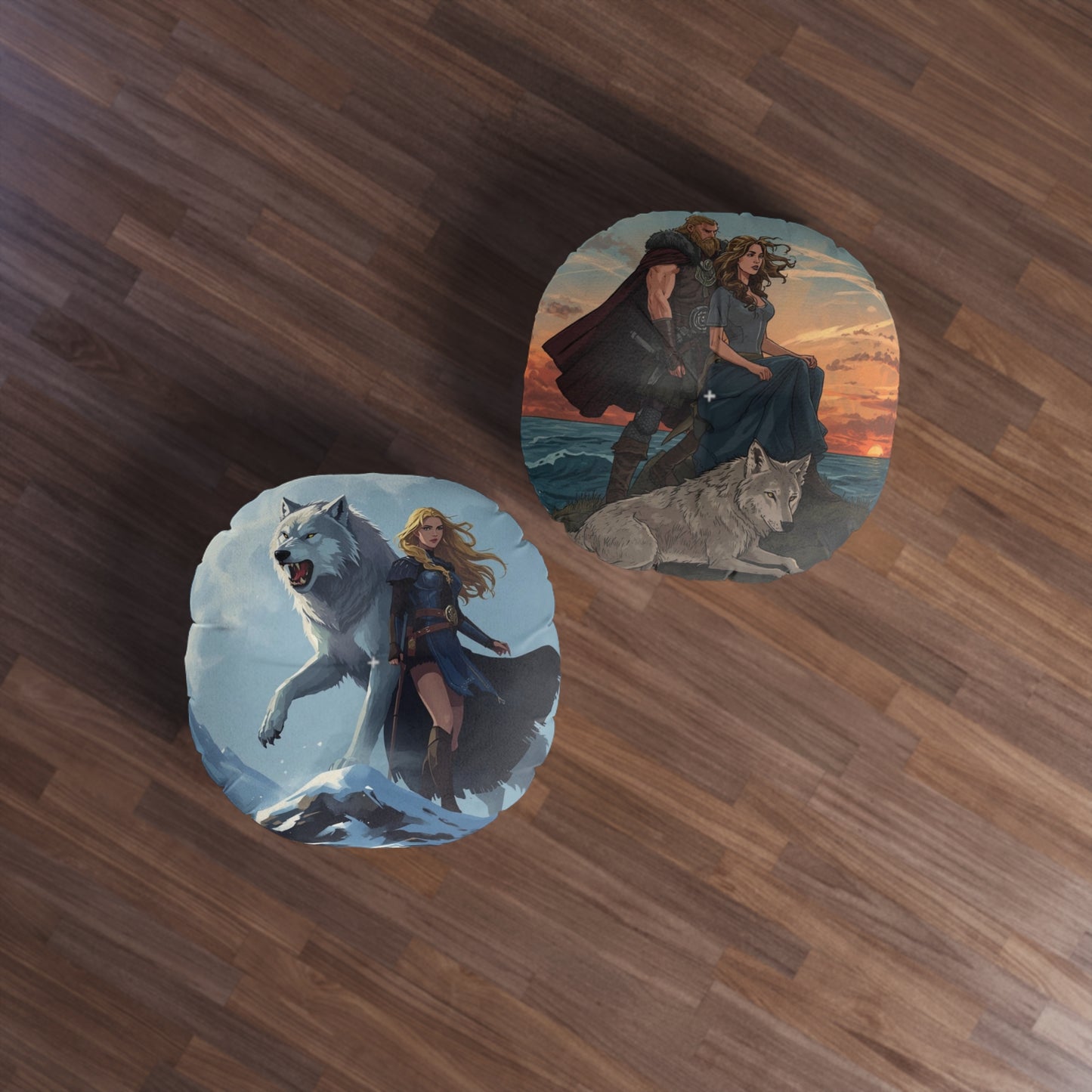 Viking Wolf Guardian Round Floor Pillow — Fantasy Norse Heroine & Wolf Artwork