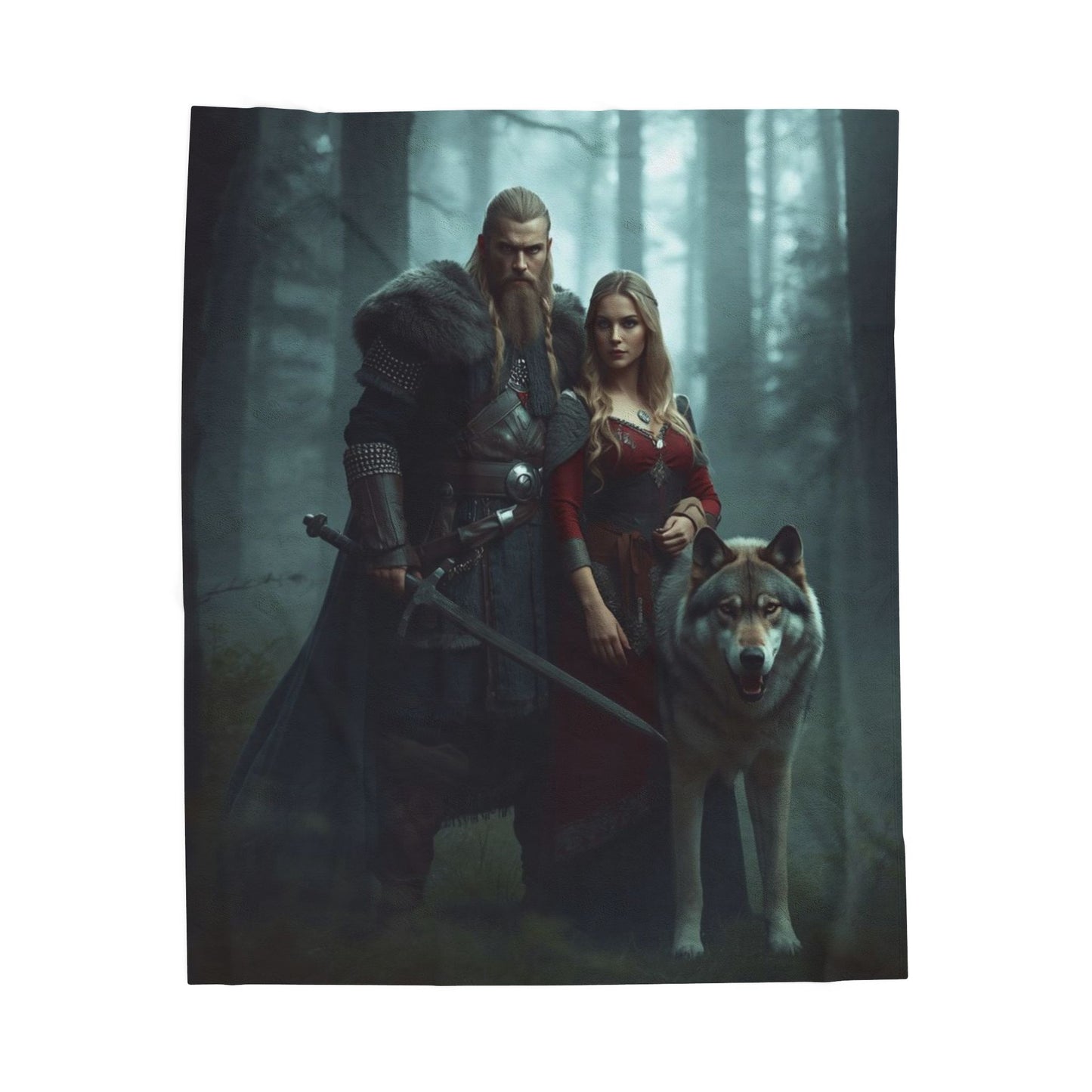 Viking Couple & Wolf Velveteen Plush Blanket — Fantasy Medieval Forest Throw for Fans