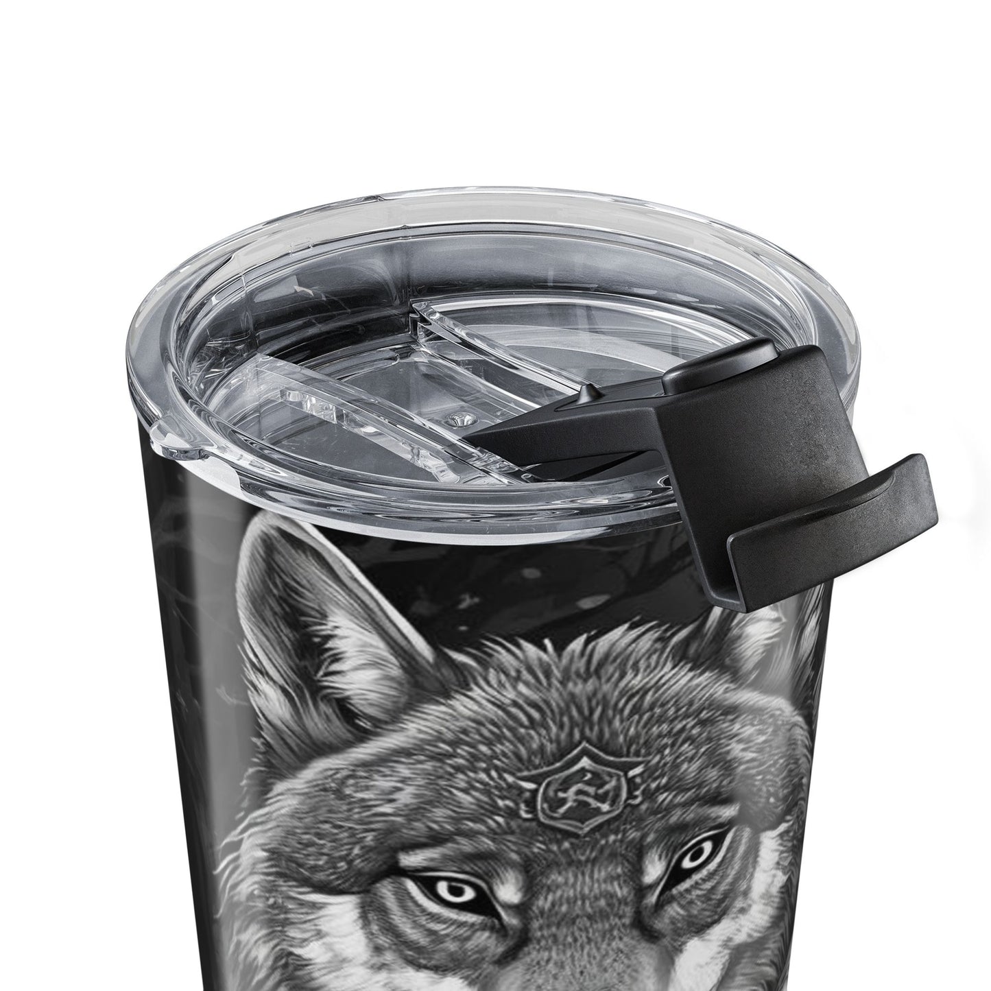 20oz Wolf & Woman Tumbler — Gothic Forest Travel Mug with Tattooed Warrior Design