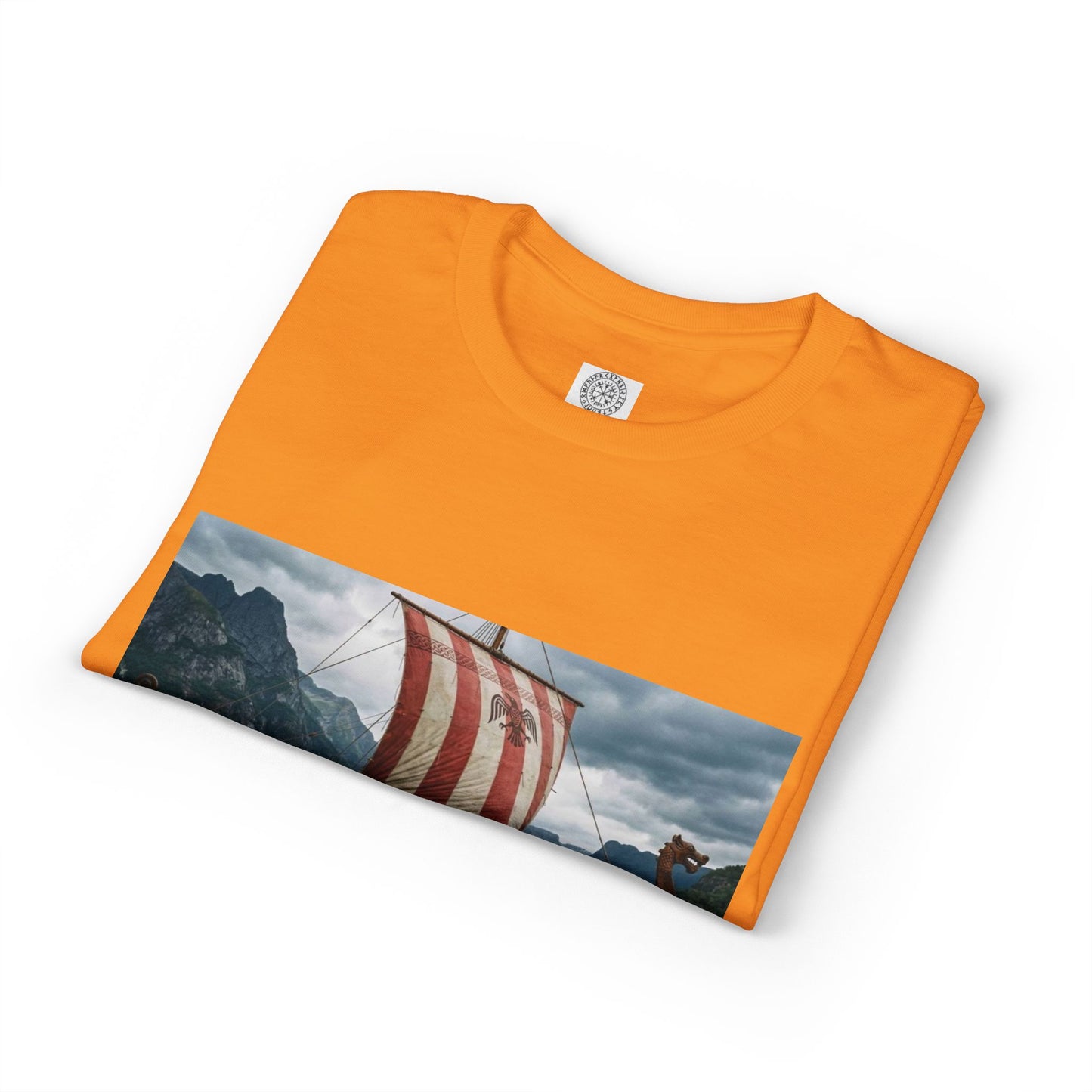 Viking Longship Graphic T-Shirt — Red Striped Sail Nautical Norse Design