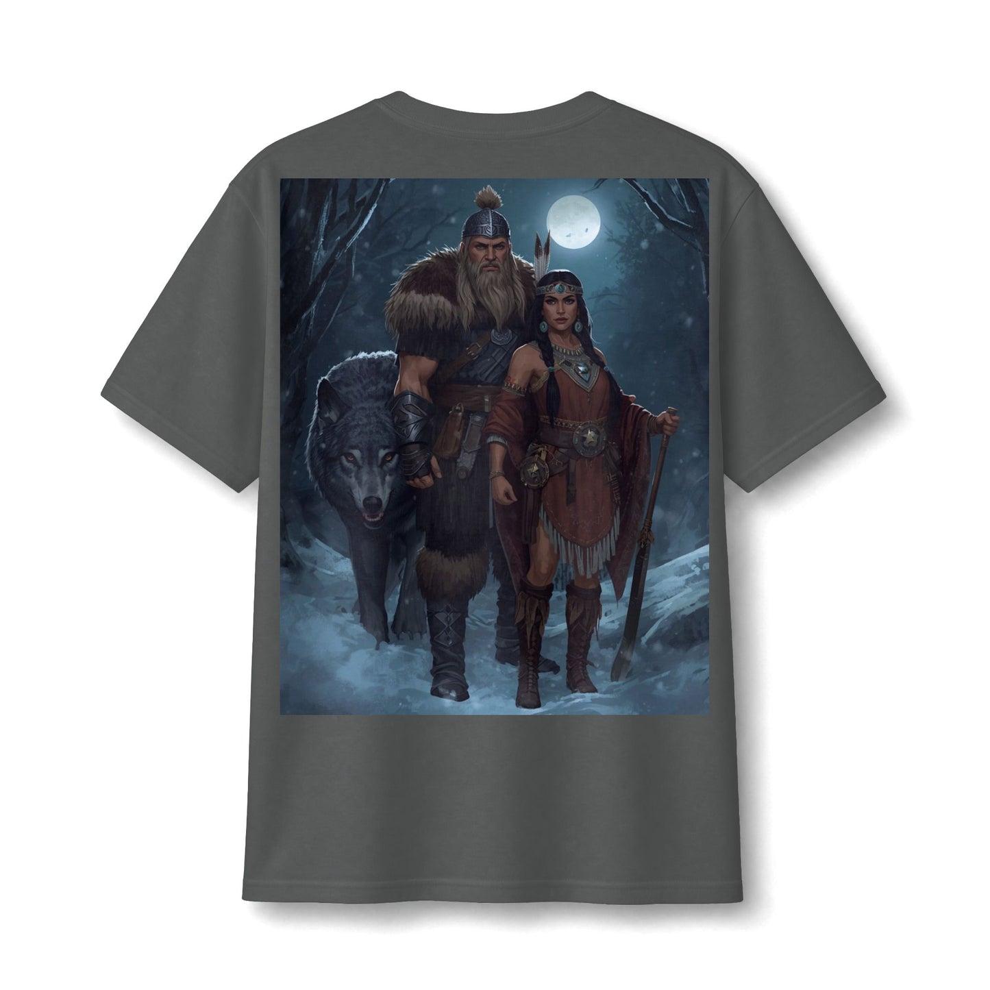 Viking Warrior Couple Tee — Norse Wolf Moon Fantasy T‑Shirt