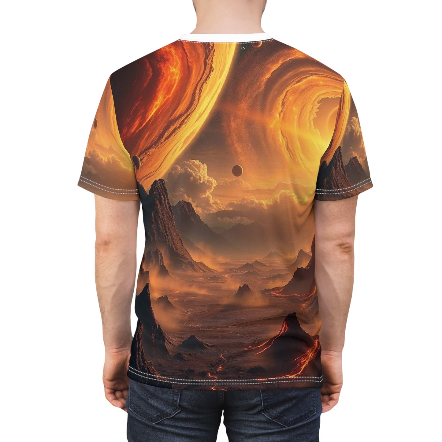 Solar Horizon All-Over Print Tee — Fiery Alien Landscape Graphic Shirt