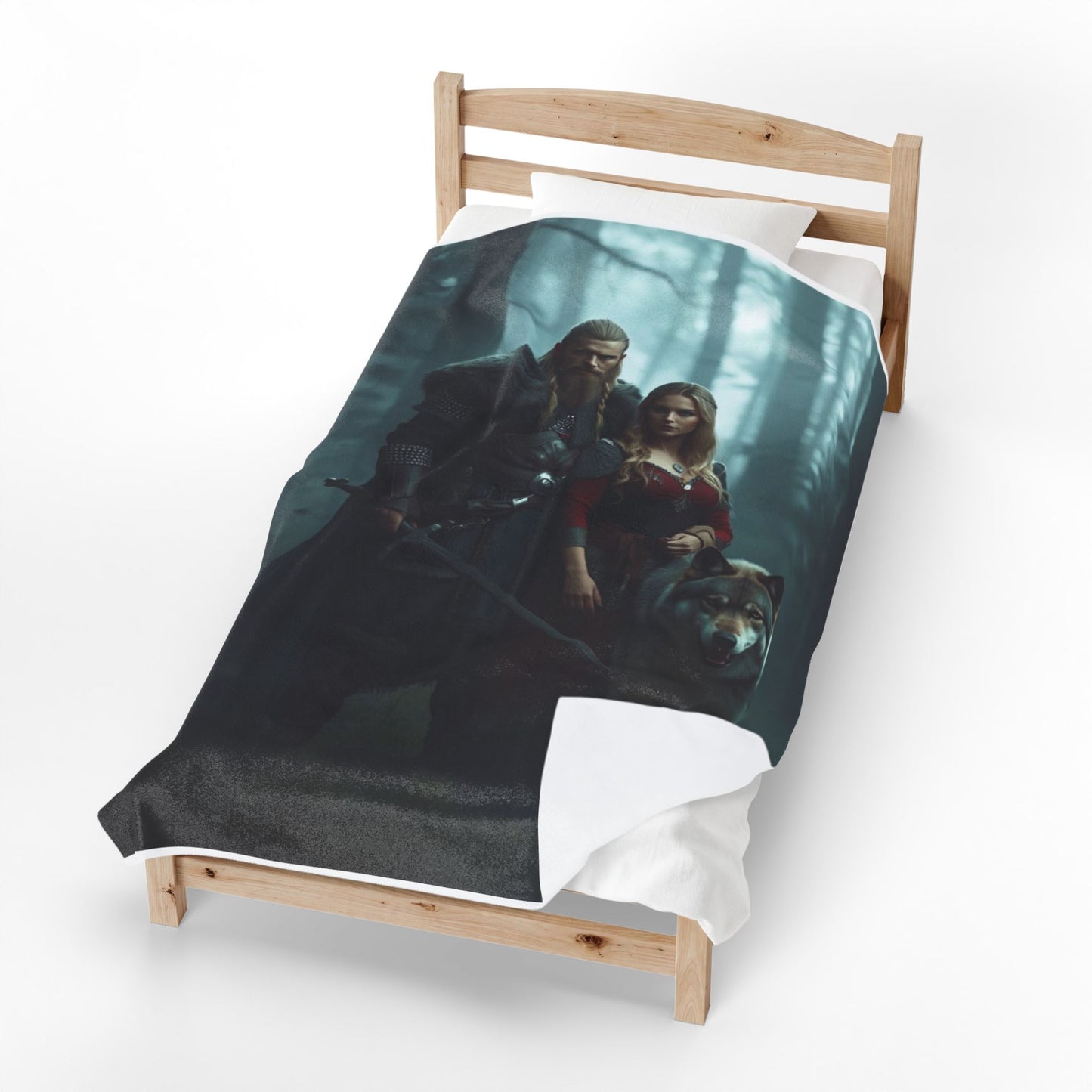 Viking Couple & Wolf Velveteen Plush Blanket — Fantasy Medieval Forest Throw for Fans