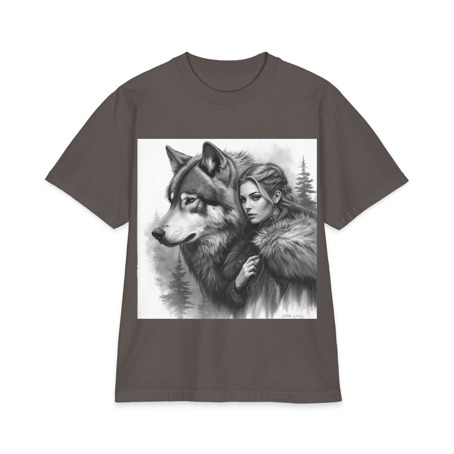 Wolf Guardian T‑Shirt — Woman & Wolf Forest Portrait Graphic Tee