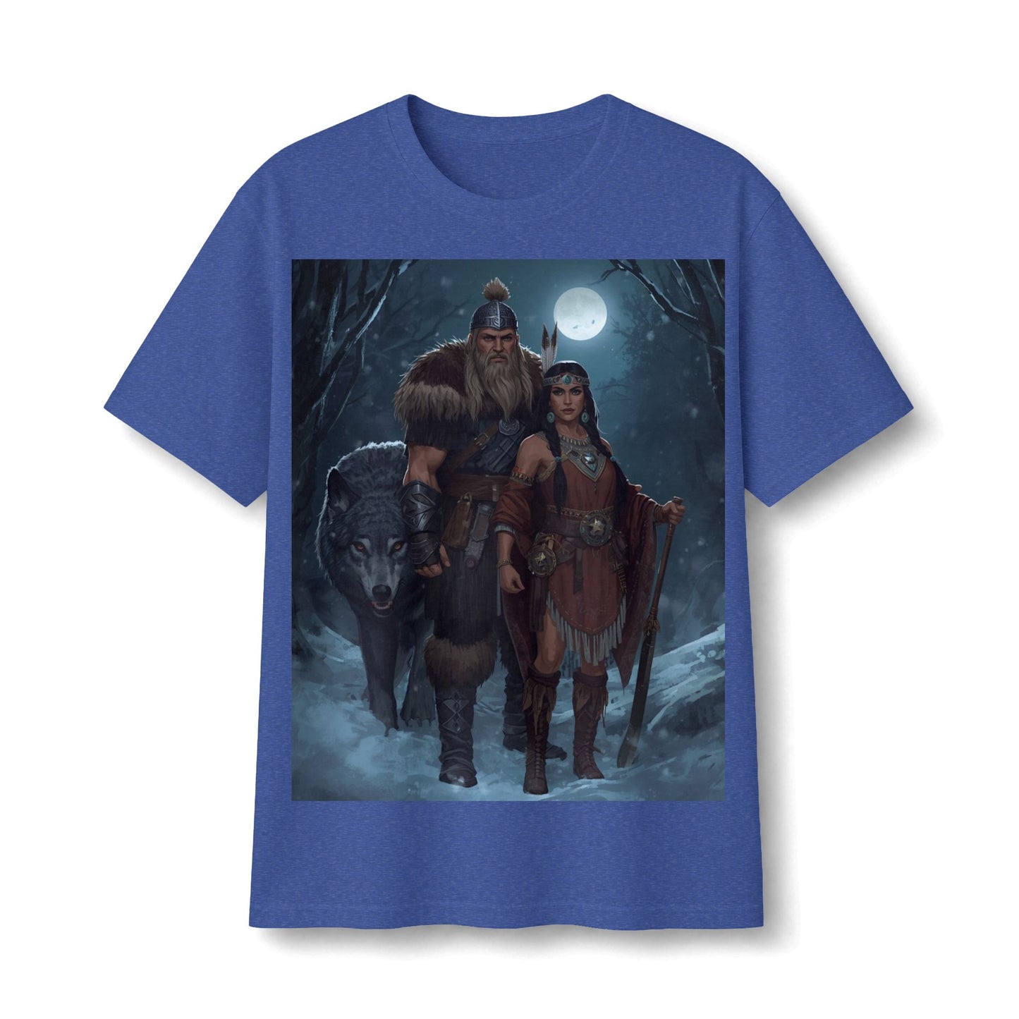 Viking Warrior Couple Tee — Norse Wolf Moon Fantasy T‑Shirt