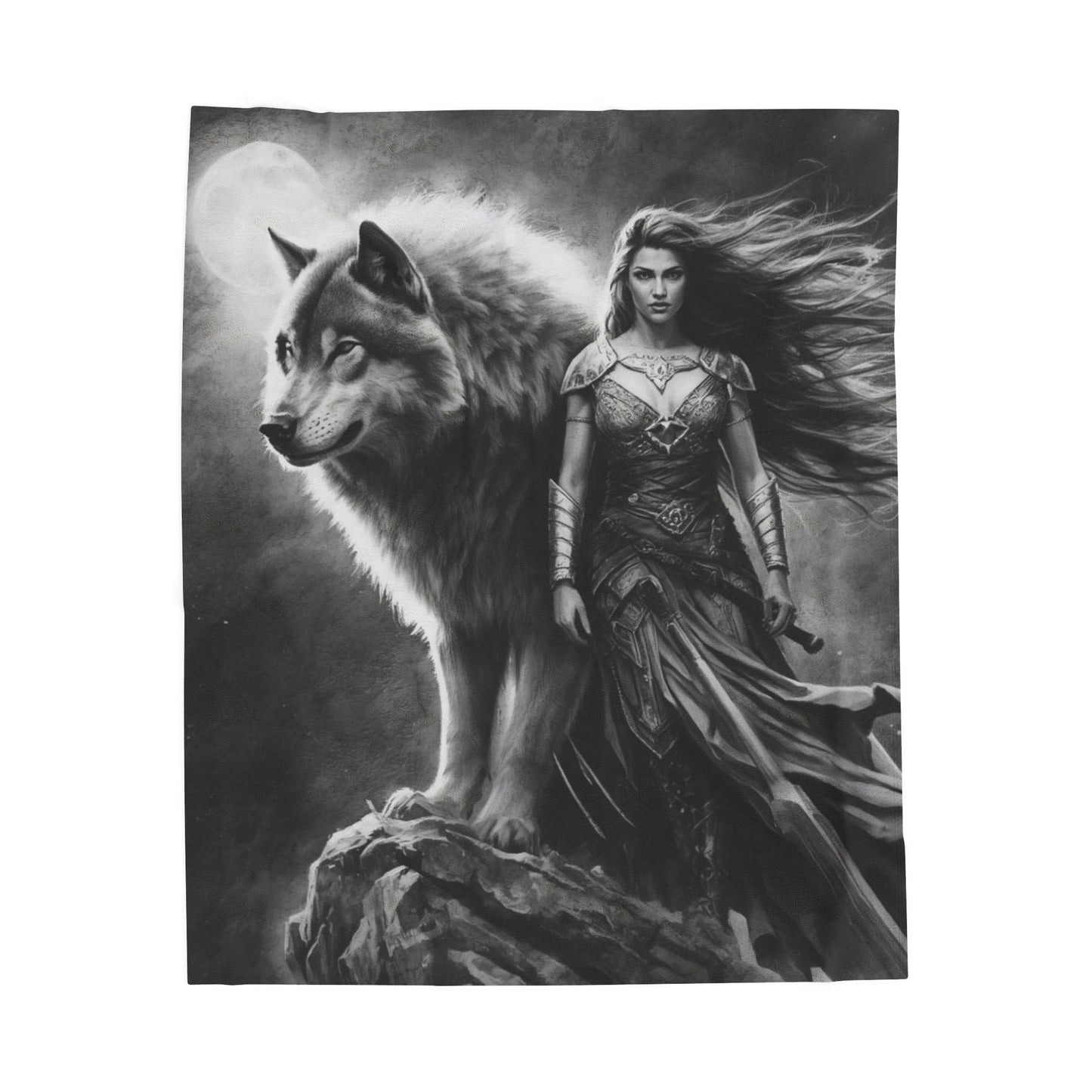 Valkyrie & Wolf Velveteen Plush Blanket — Mythic Fantasy Throw for Fans of Norse and Medieval Art