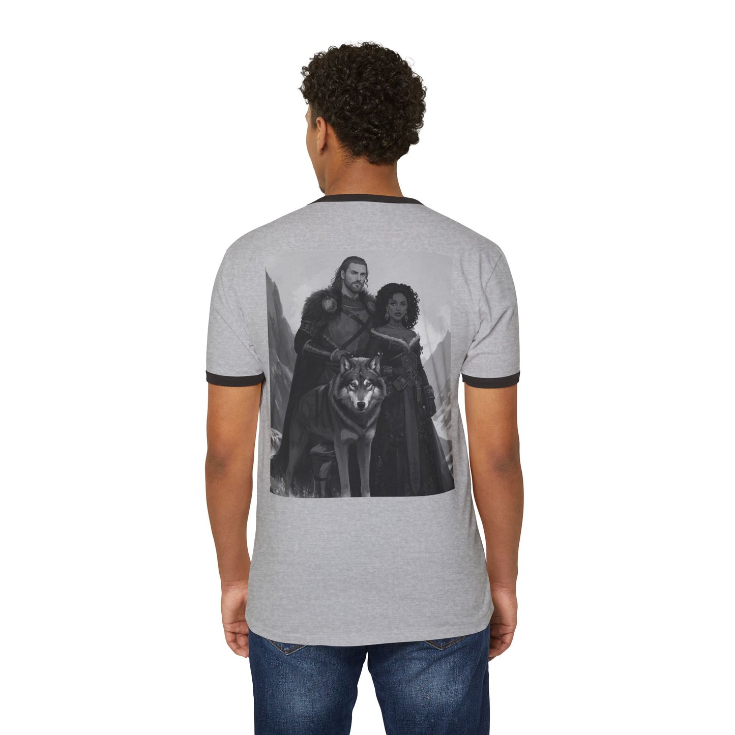 Medieval Fantasy Couple & Wolf Ringer T-Shirt — Adventure Vibe Tee