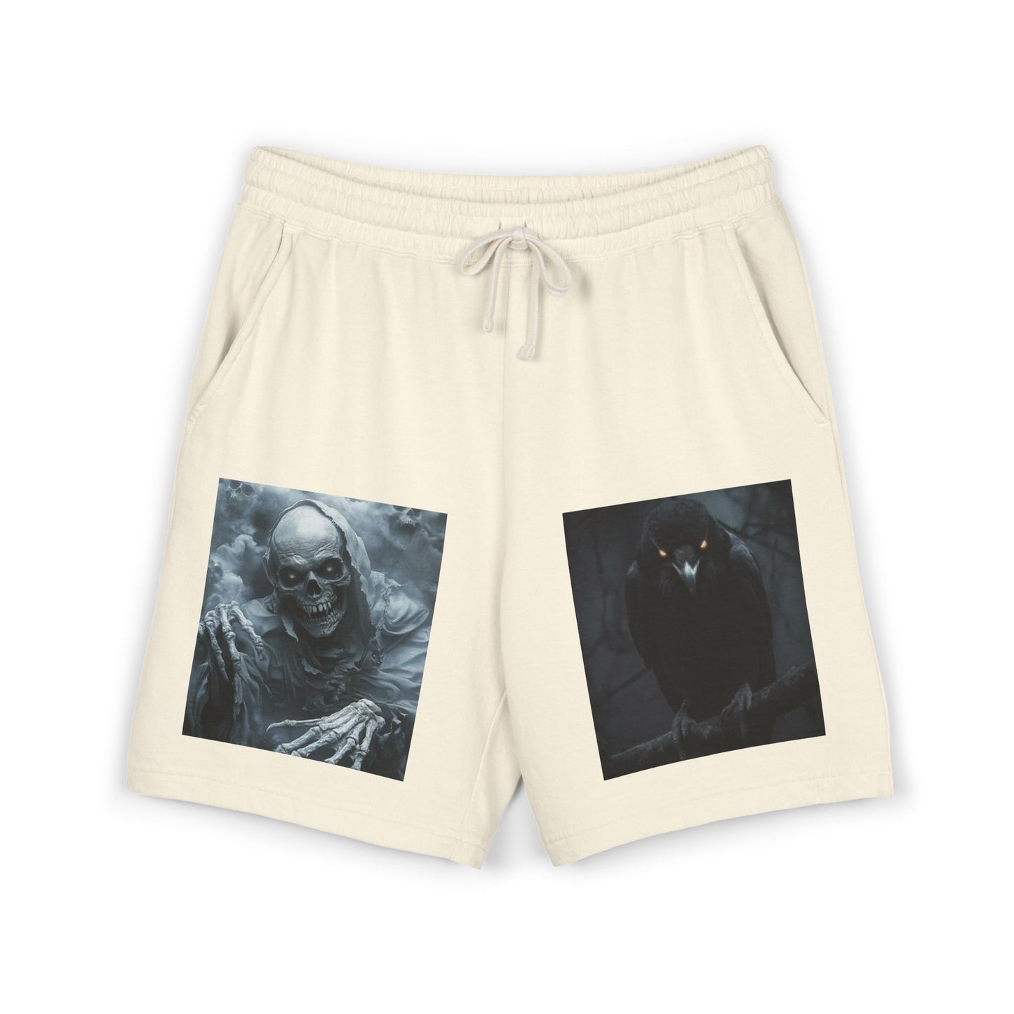 Skull & Raven Fleece Sweat Shorts — Gothic Horror Graphic Lounge Shorts