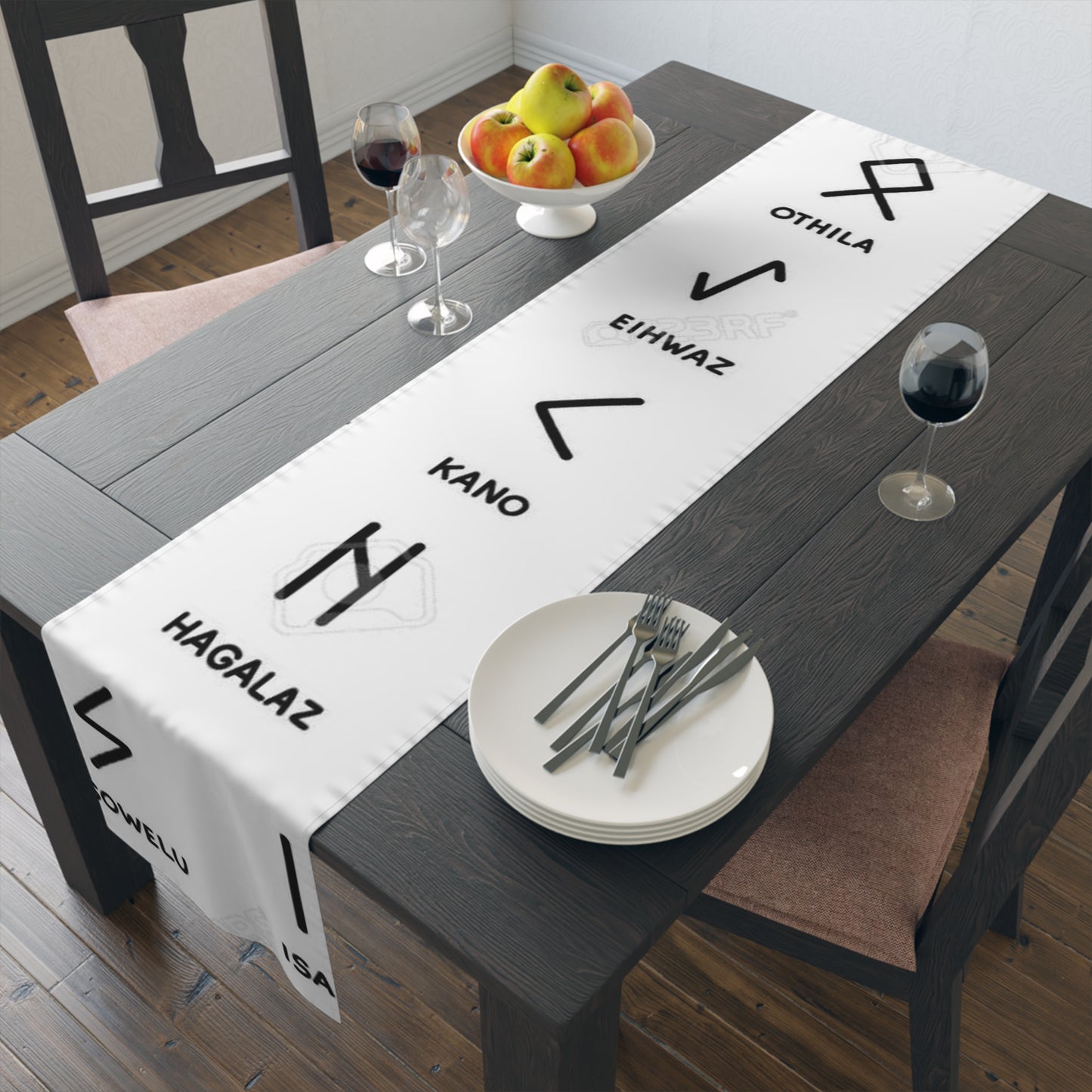 Runic Symbol Table Runner — Minimalist White Cotton-Poly Decor with Named Runes (Othila, Eihwaz, Hagalaz, Sowelu, Isa)