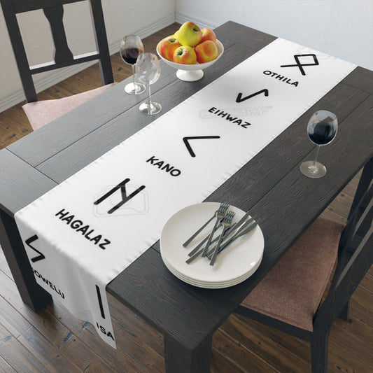 Runic Symbol Table Runner — Minimalist White Cotton-Poly Decor with Named Runes (Othila, Eihwaz, Hagalaz, Sowelu, Isa)
