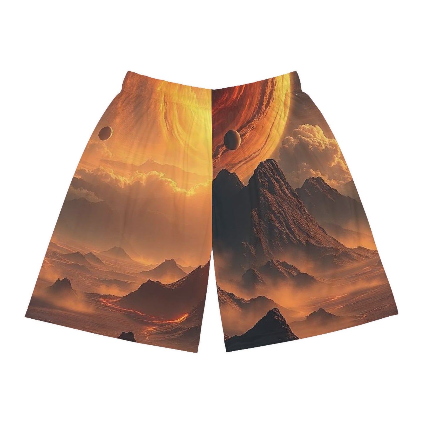 Planetary Sunset Basketball Shorts — Sci‑Fi Landscape All‑Over Print