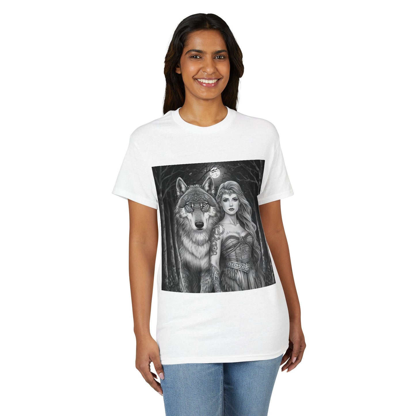 Wolf Guardian T‑Shirt — Mystic Woman & Wolf Moon Graphic Tee