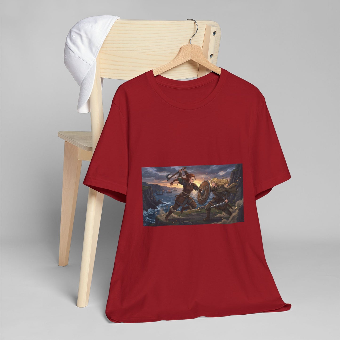 Viking Warrior Battle Scene T-Shirt — Norse Myth Shield & Axe Graphic Tee