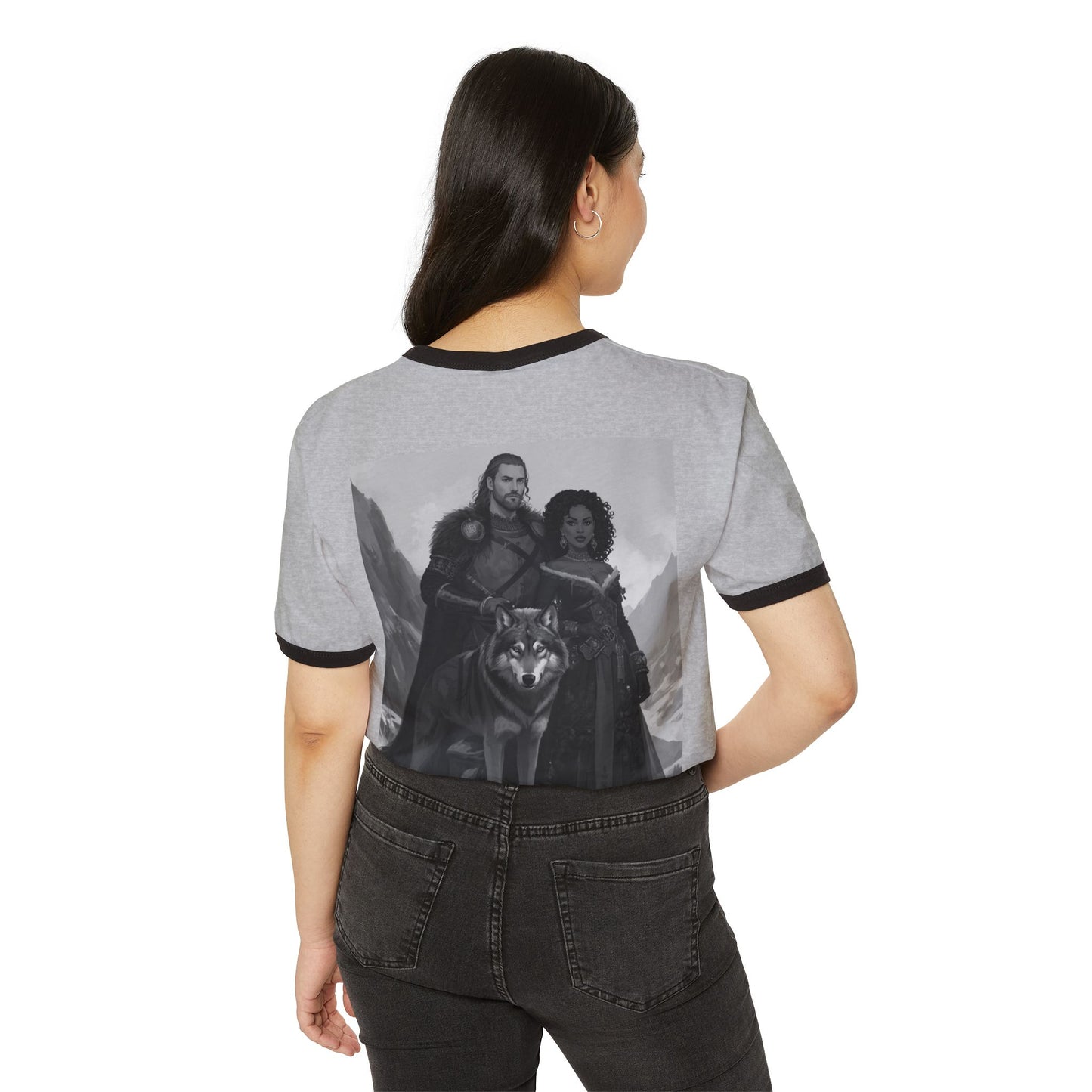 Medieval Fantasy Couple & Wolf Ringer T-Shirt — Adventure Vibe Tee
