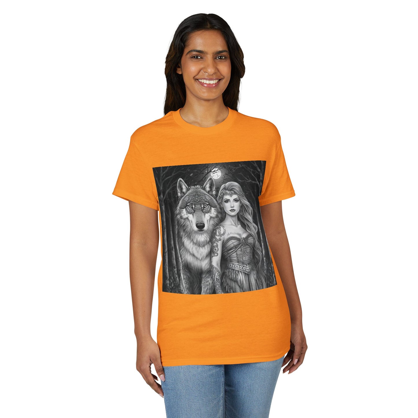 Wolf Guardian T‑Shirt — Mystic Woman & Wolf Moon Graphic Tee