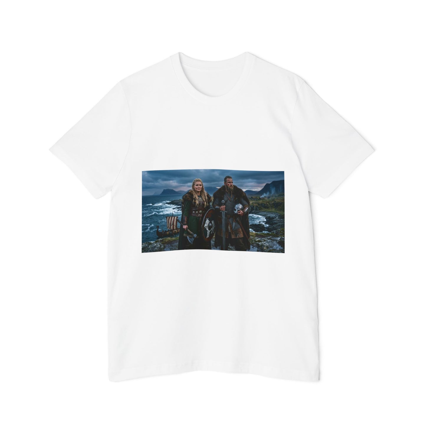 Viking Couple Scenic T-Shirt — Norse Shield & Axe Print