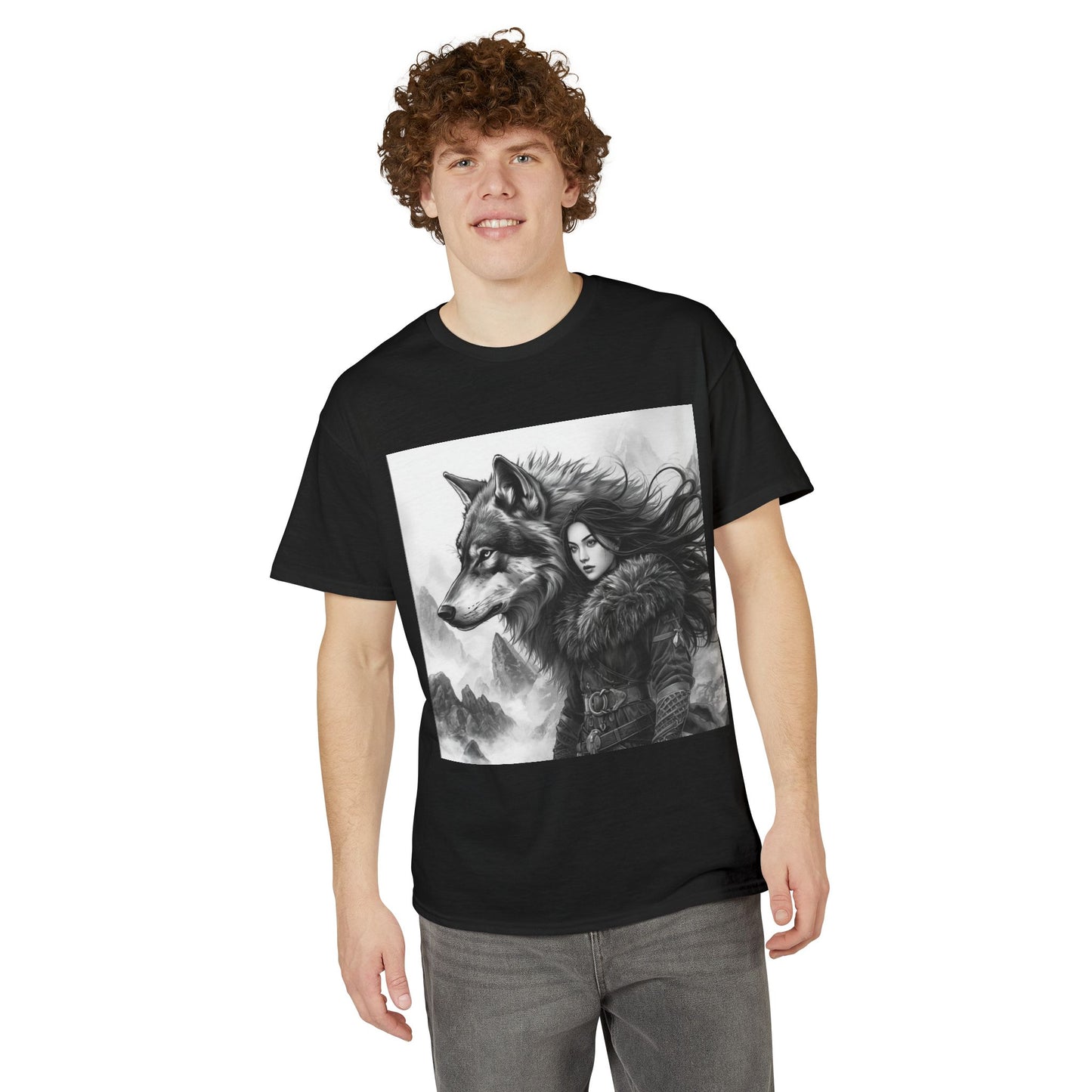 Wolf Guardian T-Shirt — Viking Woman & Wolf Fantasy Graphic Tee
