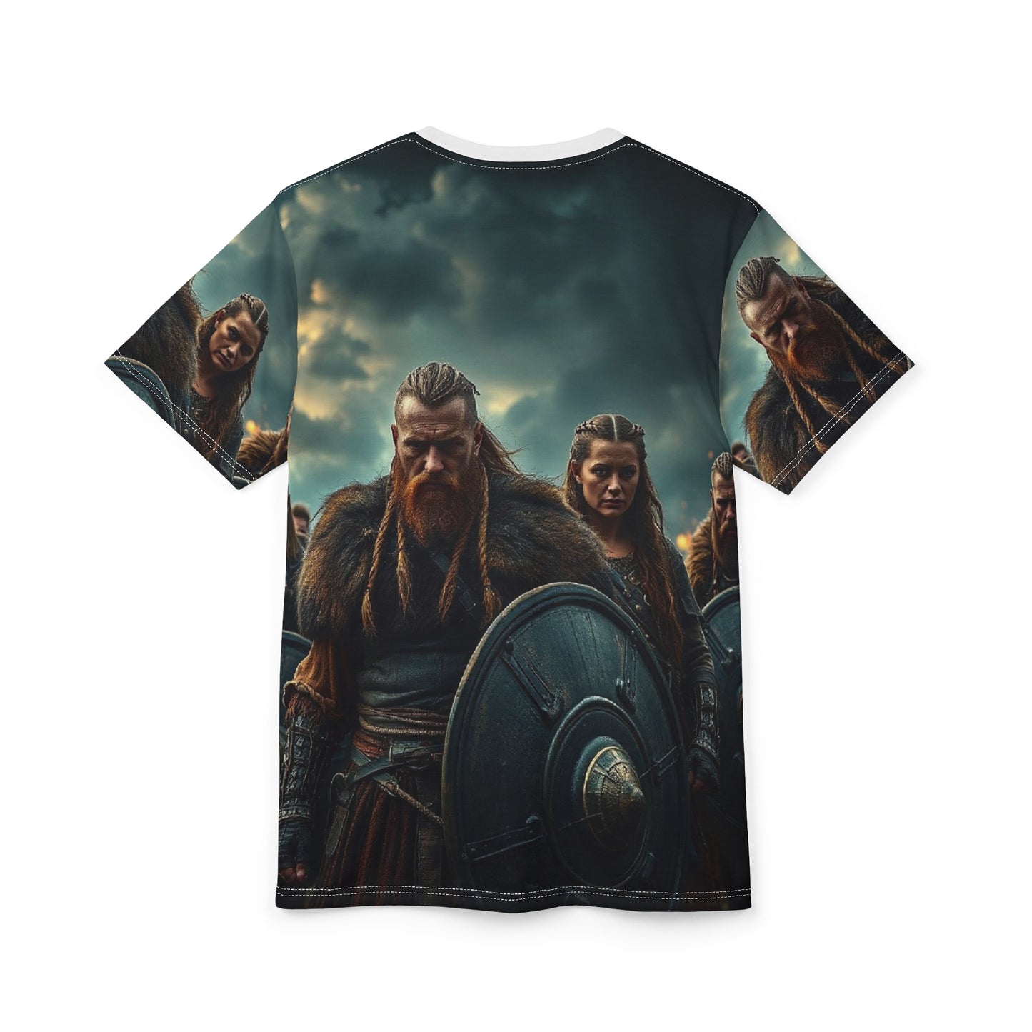 Viking Warriors All-Over Print Tee — Norse Shield & Storm Scene