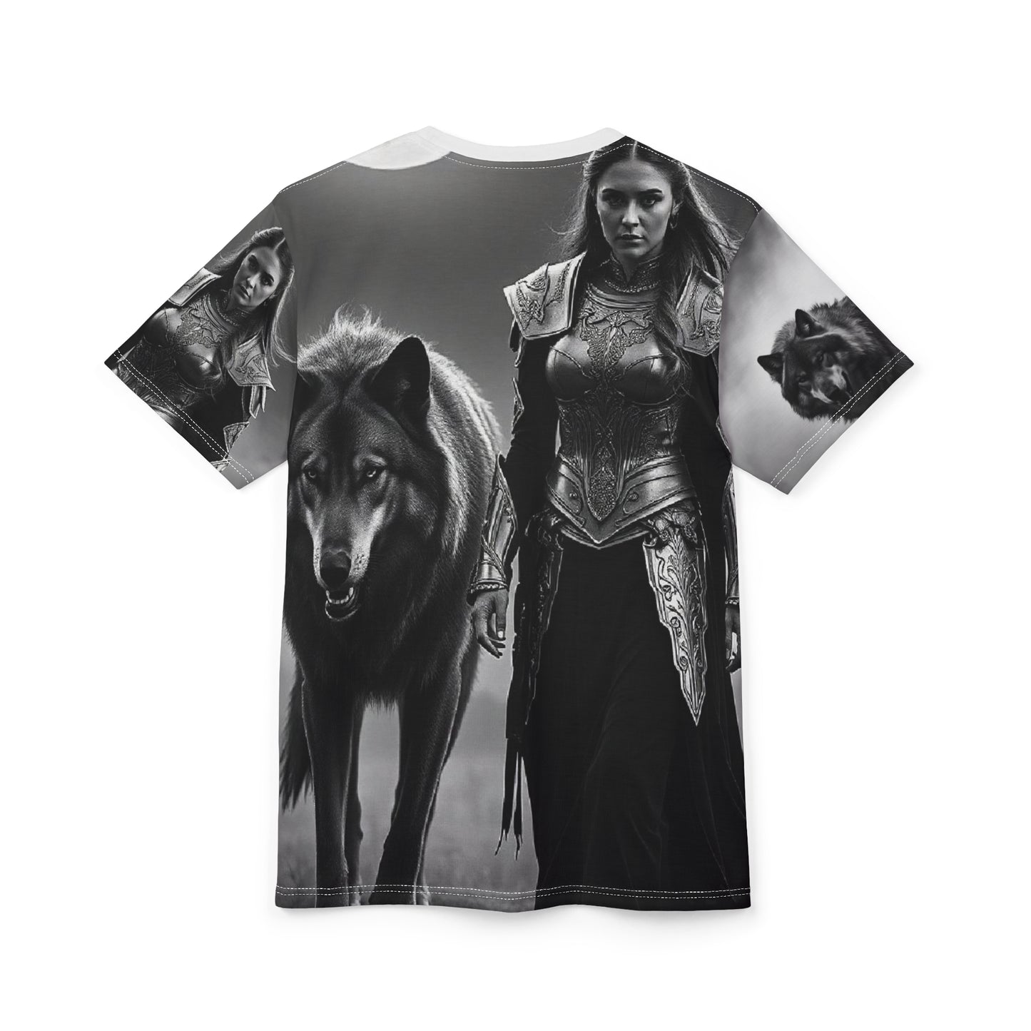 Viking Wolf Guardian Tee — Black & White Norse Warrior All-Over Print